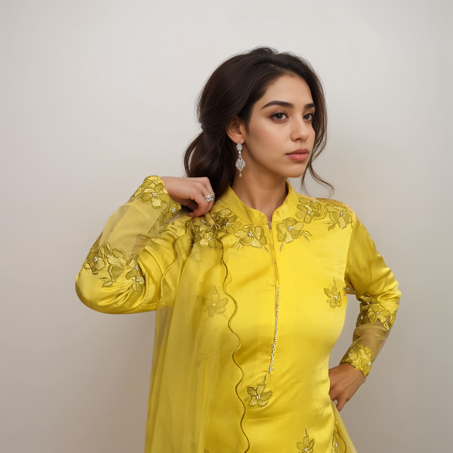 Yellow Satin viscose, Organza suit
