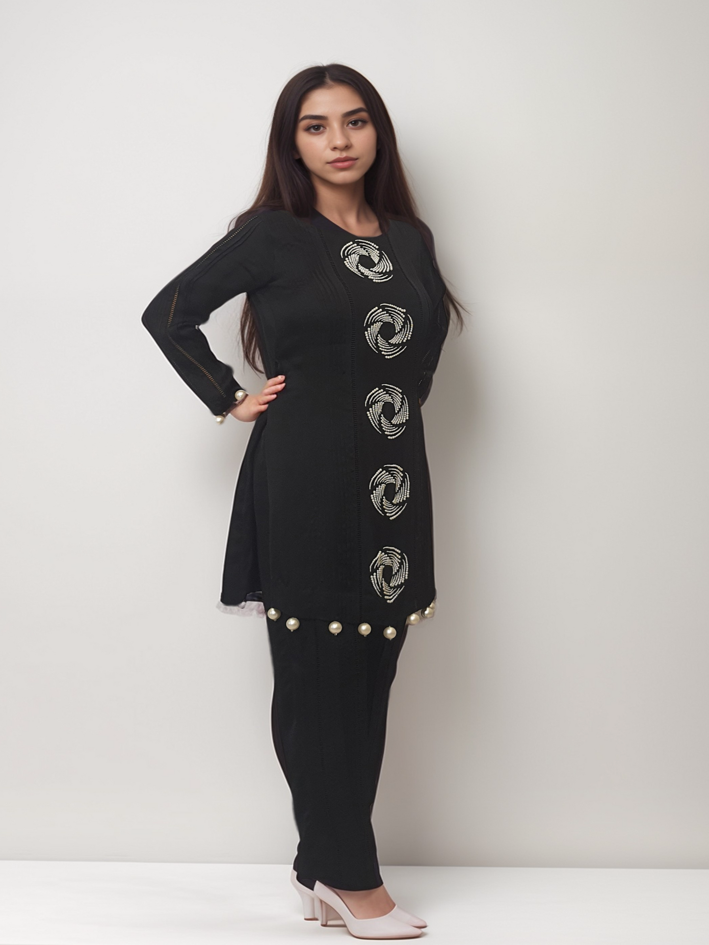 Black Satin Organza Embellished Co-ordset