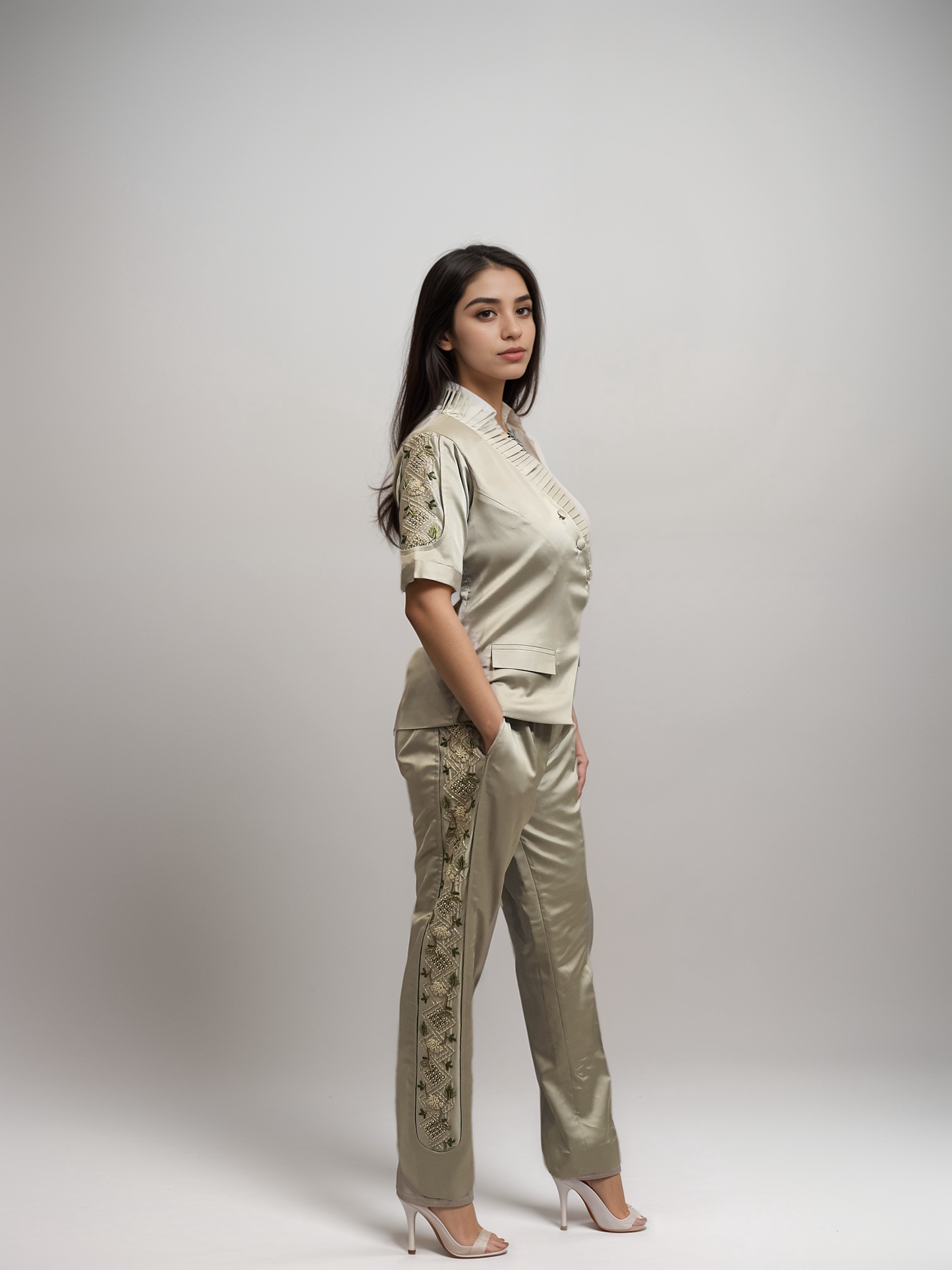 Green Satin vest coat co-ordset