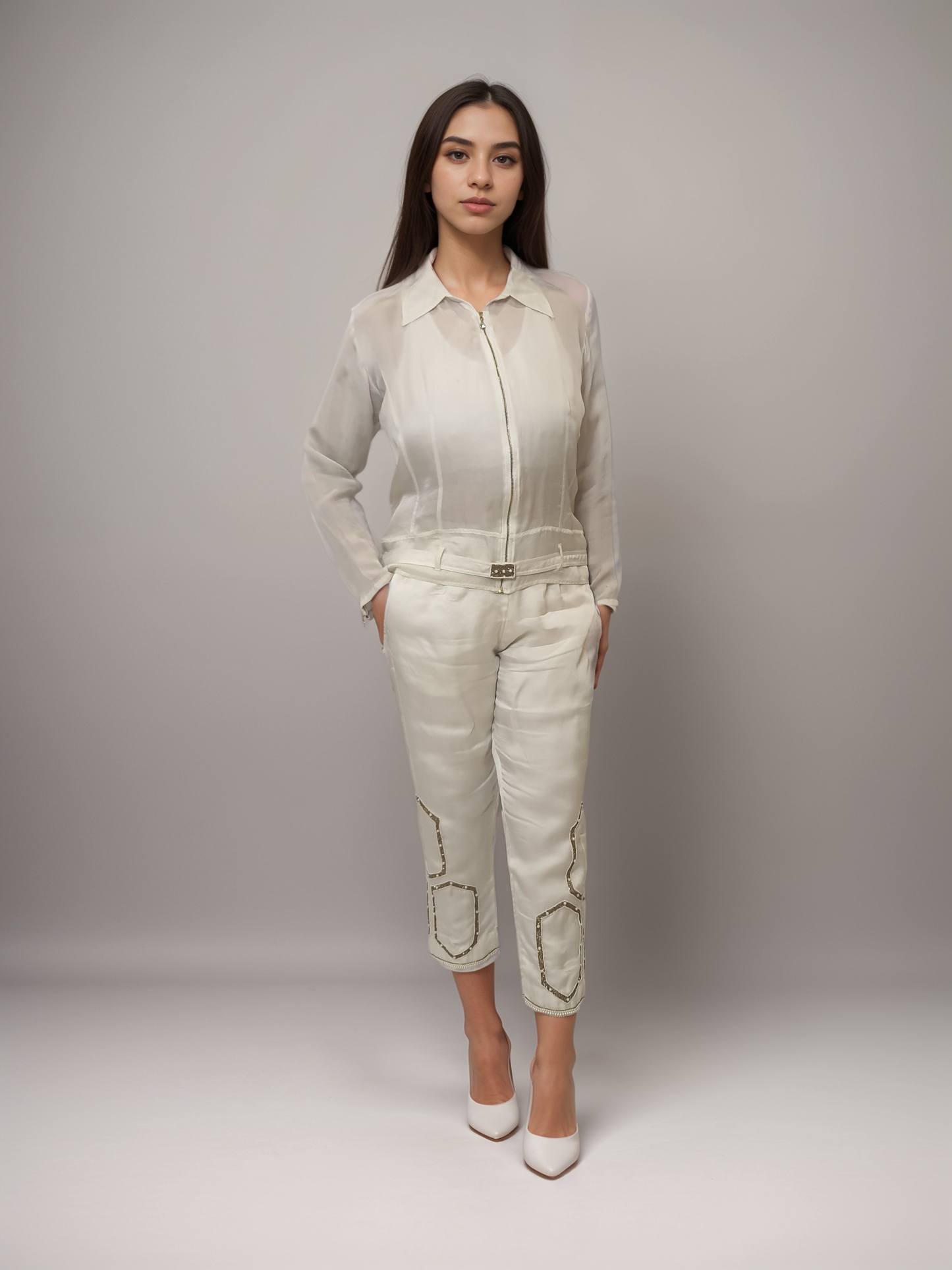 White satin organza embellished jacket set