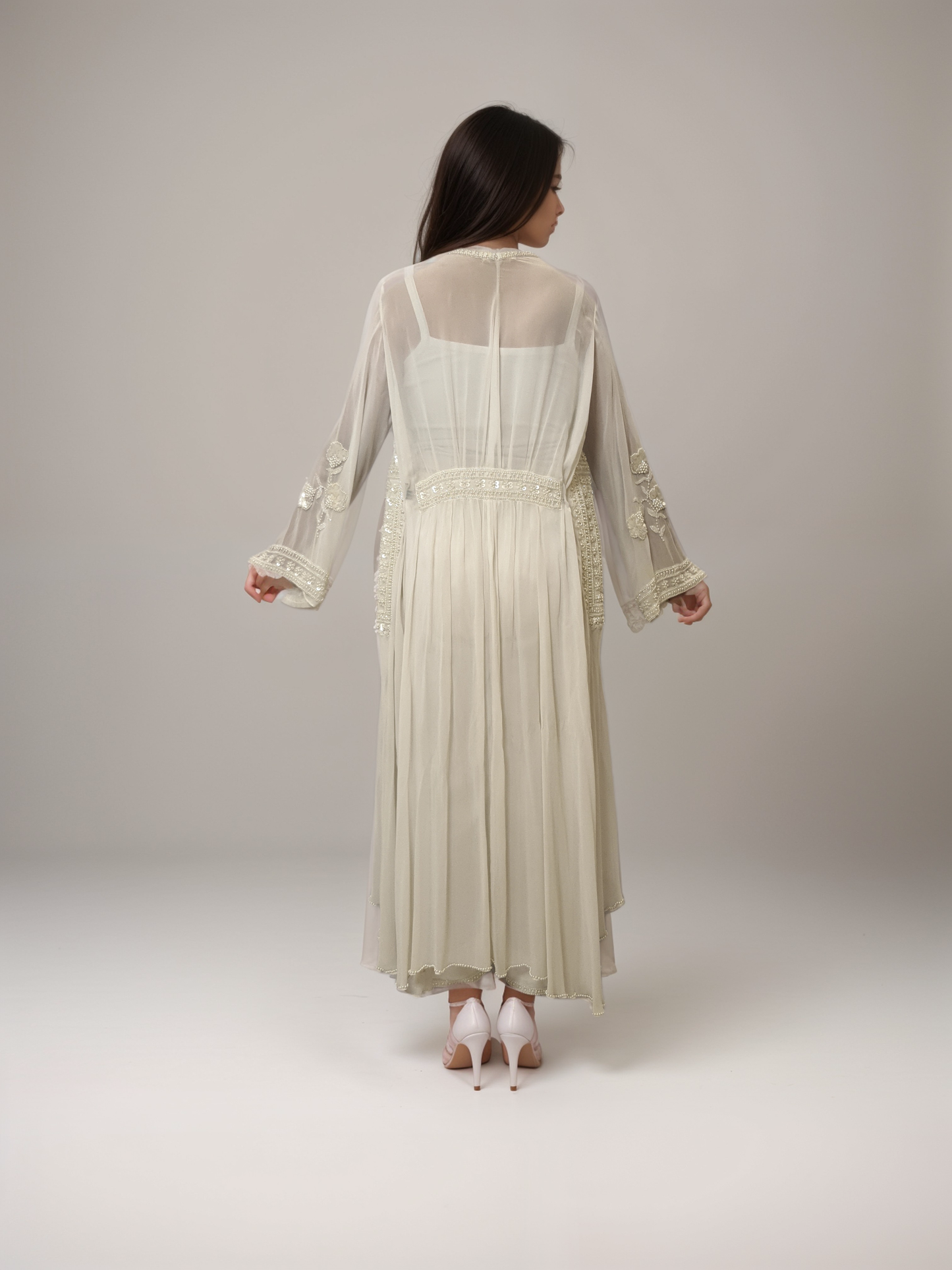 White embellished georgette cape set