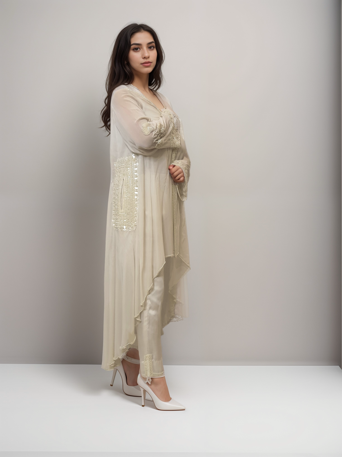White embellished georgette cape set