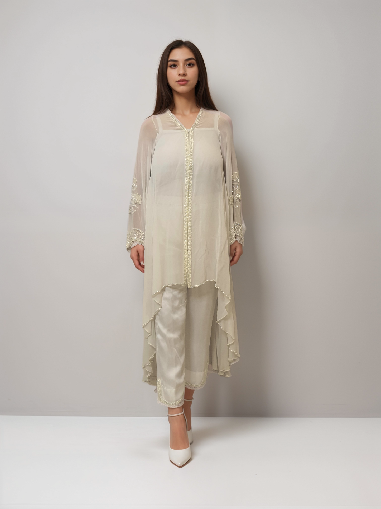 White embellished georgette cape set