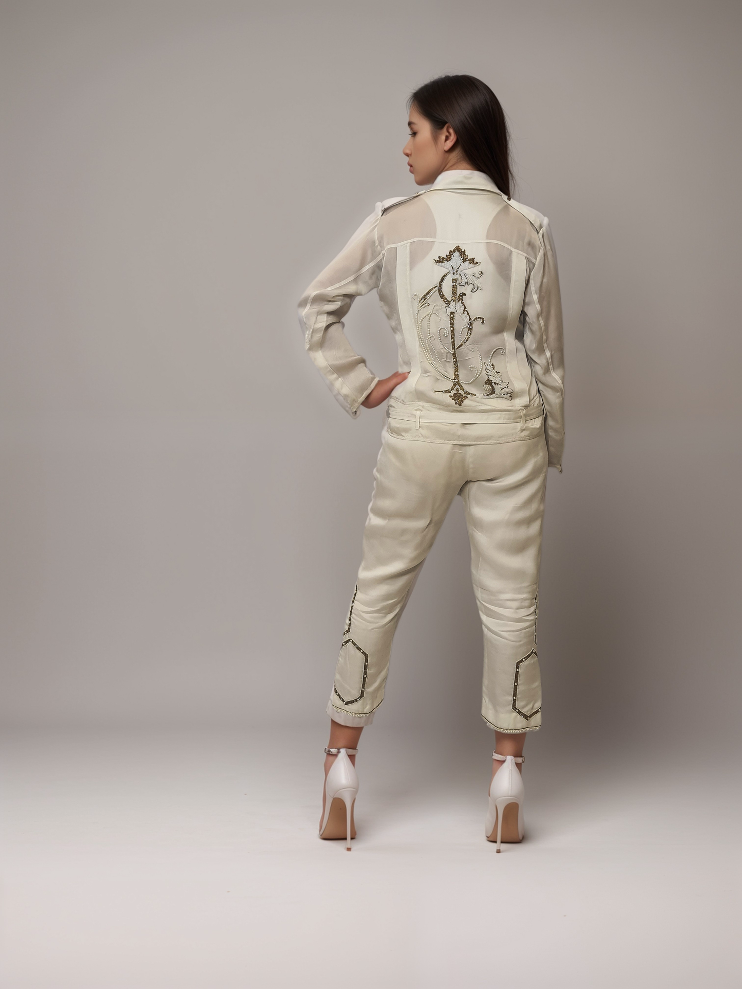 White satin organza embellished jacket set