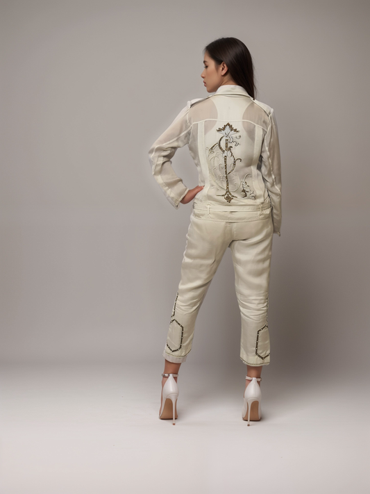 White satin organza embellished jacket set
