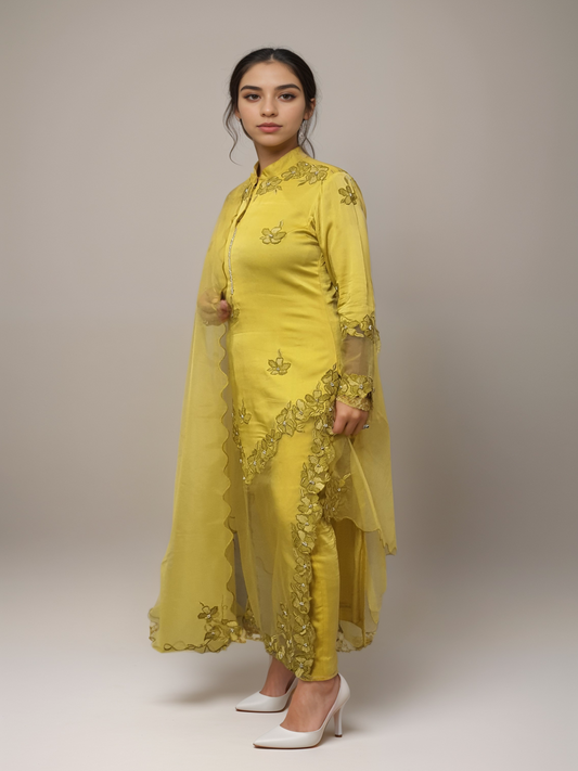 Yellow Satin viscose, Organza suit
