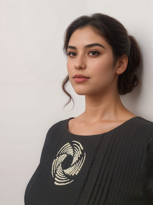Black Satin Organza Embellished Co-ordset