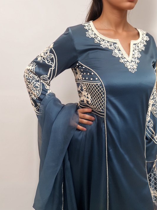 Blue Satin flared suit with hand embellished pearls and pottli