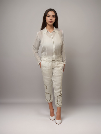 White satin organza embellished jacket set