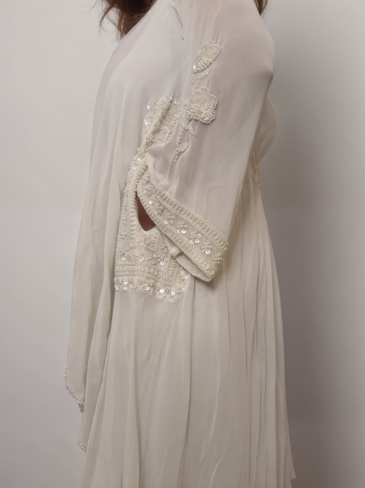 White embellished georgette cape set